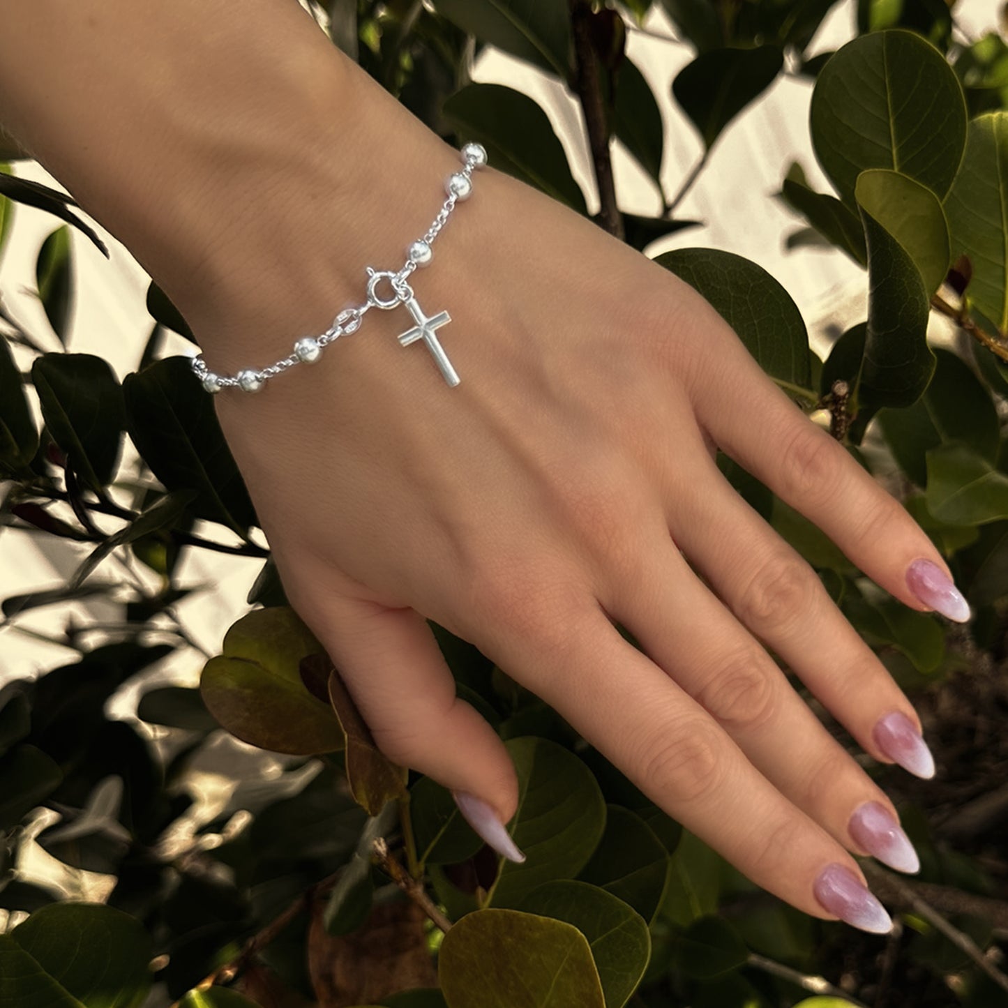 Rosary Bead Thick Bracelet with Dangle Cross Charm