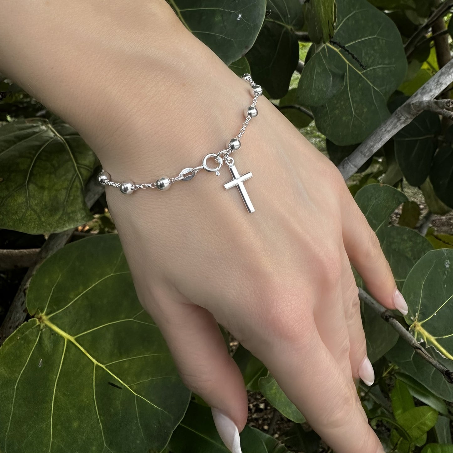 Rosary Bead Thick Bracelet with Dangle Cross Charm