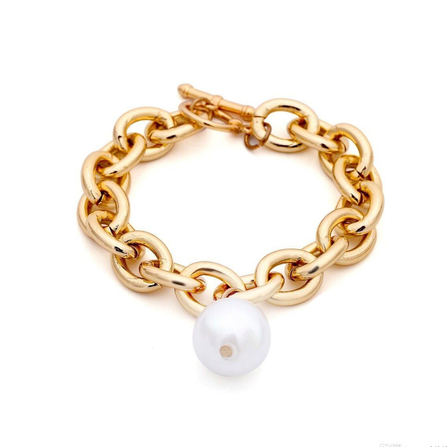 Chunky Link Chain Bracelet with Pearl Charm